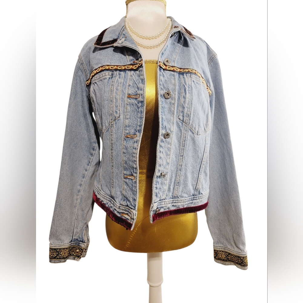 ABS Allen Schwartz Vintage Velvet Embroidered Paisley Trim Boho Denim Jacket